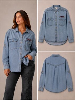 Sundance Charlotte Chambray Shirt PL Lyocell Linen Tribal Embroidered
